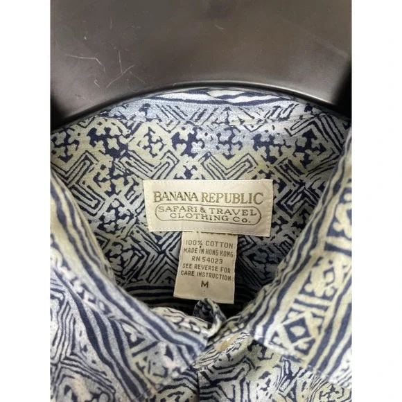 Banana Republic Safari Shirt Men Medium Blue Geometric Tribal Button Down Travel - Picture 4 of 6